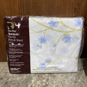 Vtg Dan River Double Fitted Sheet White W/Blue Flowers no iron percale tranquale